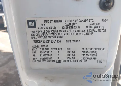 2004 Chevrolet Silverado 1500 Z71 from USA, damaged, VIN 2GCEK13T341351457